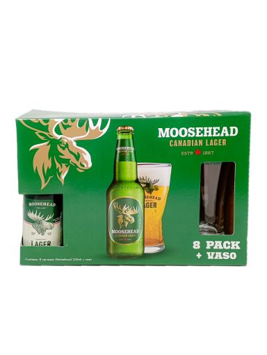 Imagen de OFERTA MOOSEHEAD 2800 ML-8 UND CERVEZA LAGER BOTELLA 350 ML+VASO 