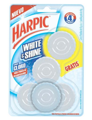 Imagen de PASTILLA SANITARIA HARPIC WHITE & SHNE CON BICARBONATO 5 UND 225.00 G